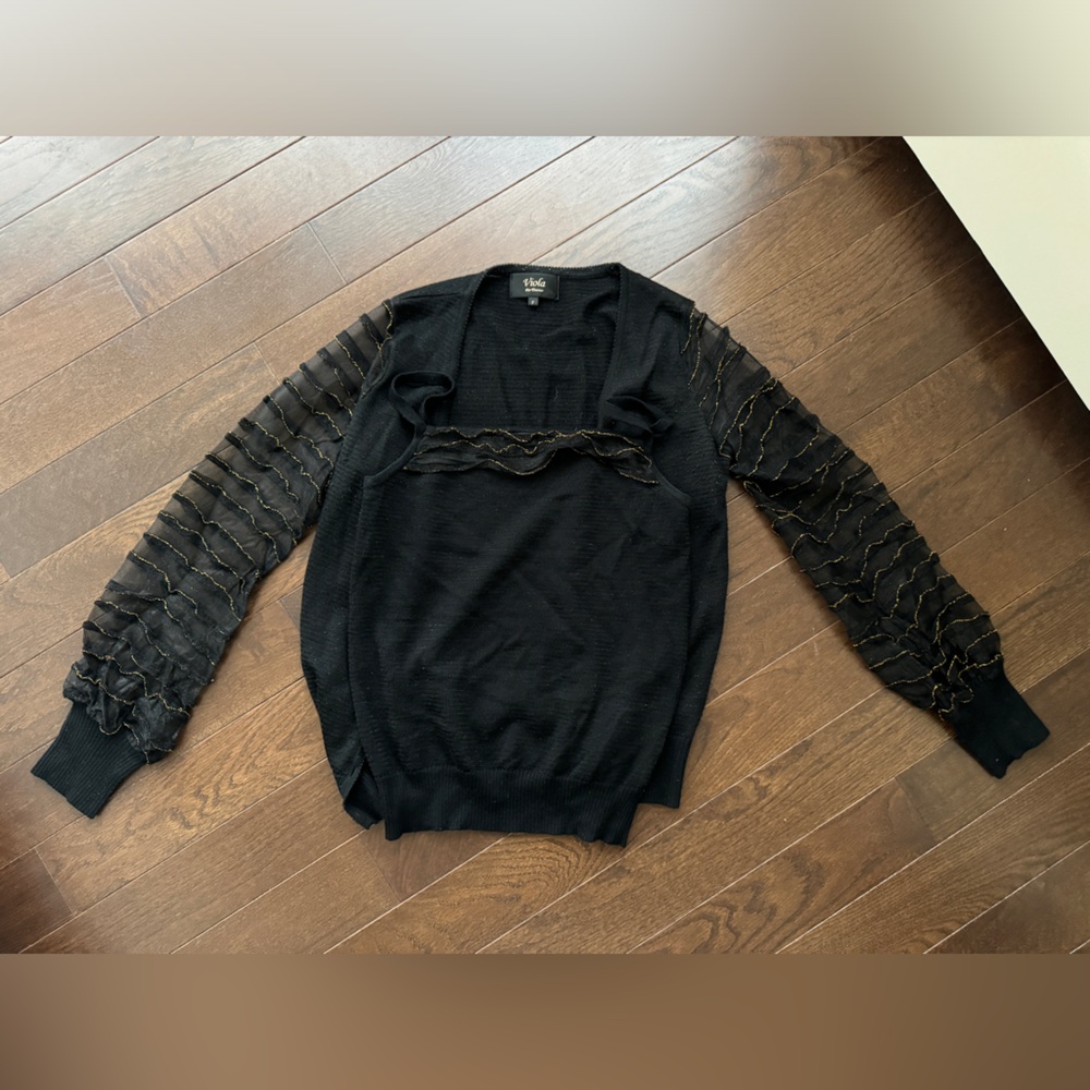 Elegant Black cardigan and matching top with Sheer Gold Sleeves